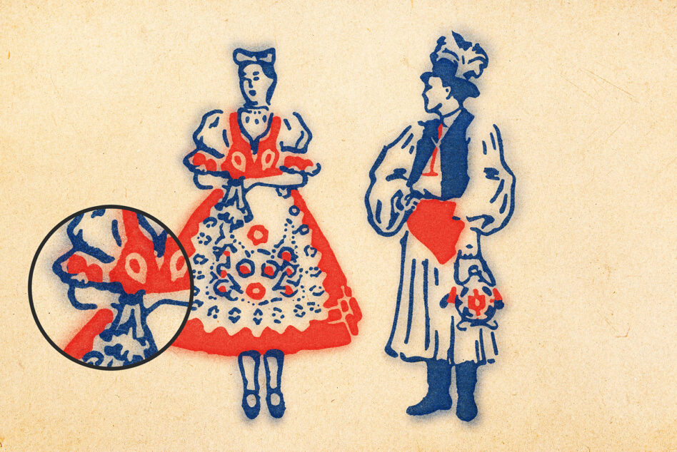 Vintage-style illustration of two women in retro dresses with red, navy, textured details on cream background