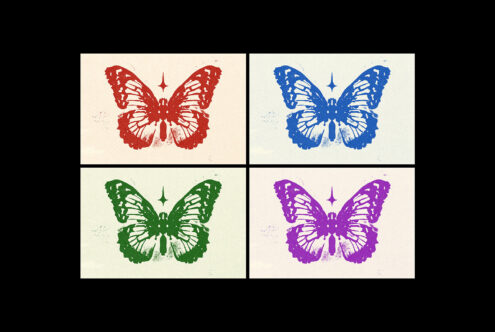 Four colorful butterfly illustrations in red, blue, green, purple with sparkles on cream backgrounds