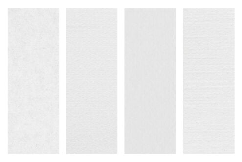 Four vertical paper texture samples showing different white to light gray finishes