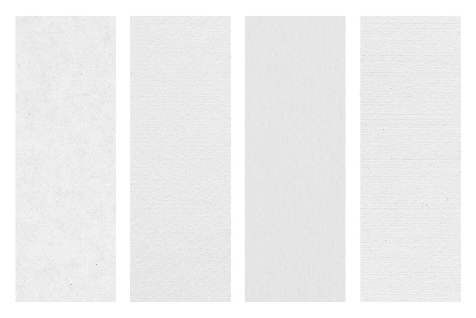 Four vertical paper texture samples showing different white to light gray finishes