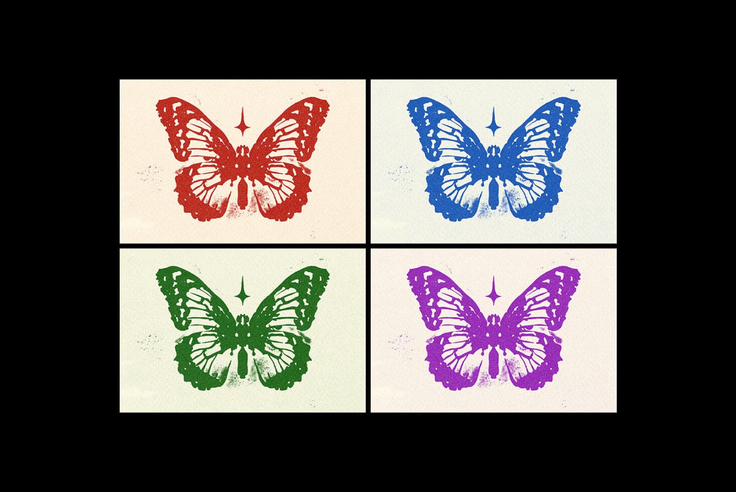 Colorful butterfly grid mockup in red, blue, green, purple with vintage vibes