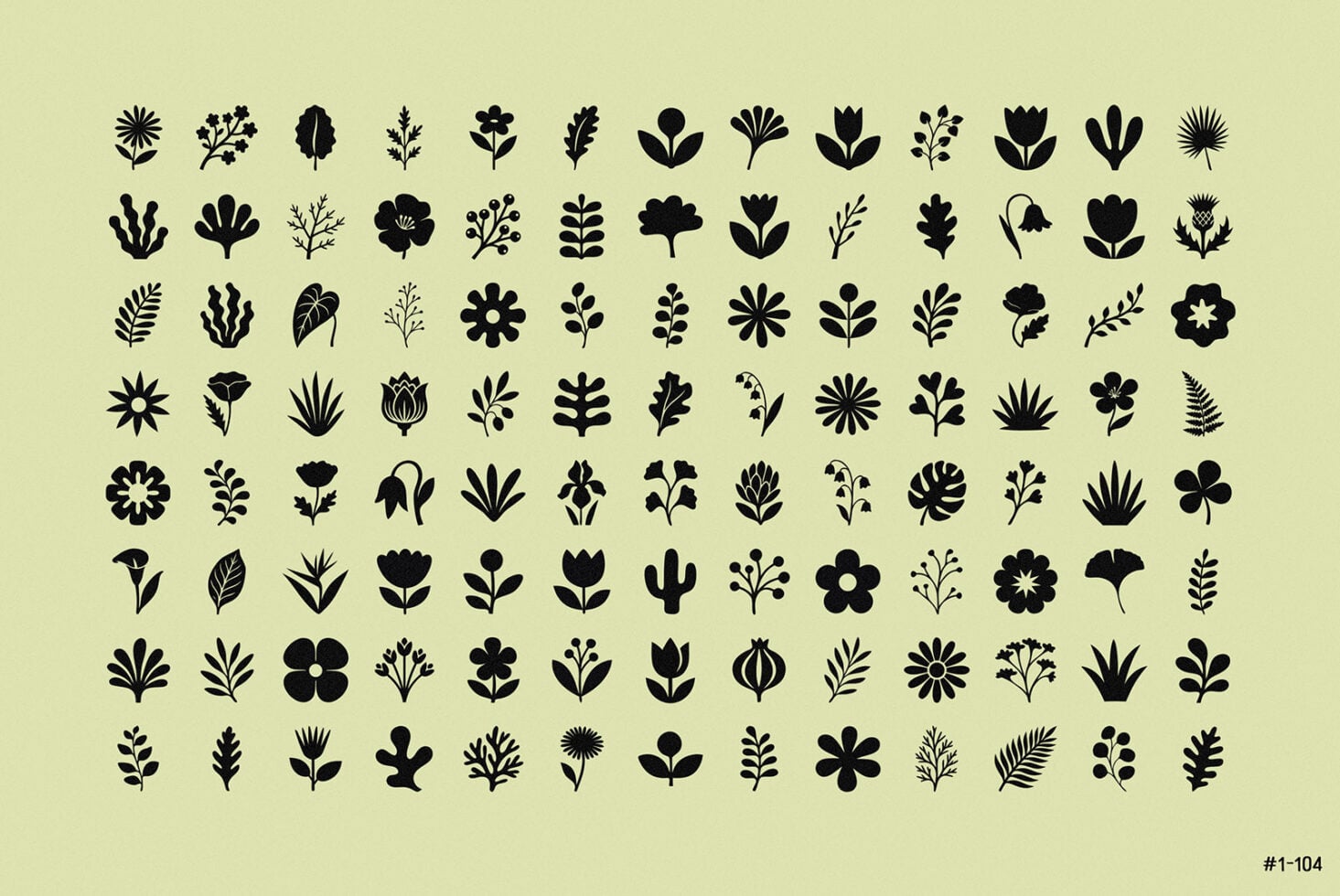 104 black botanical silhouettes on soft yellow background, flowers leaves plants
