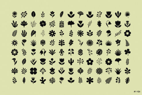 104 black botanical silhouettes on soft yellow background, flowers leaves plants