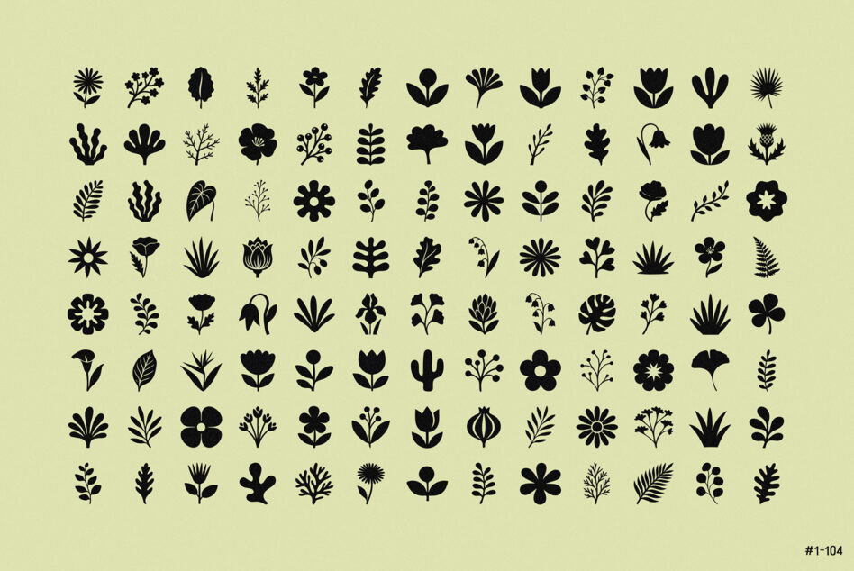 104 black botanical silhouettes on soft yellow background, flowers leaves plants