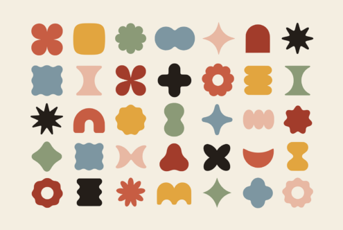 Retro geometric shape collection in earthy tones with stars, flowers, squiggles on cream bg
