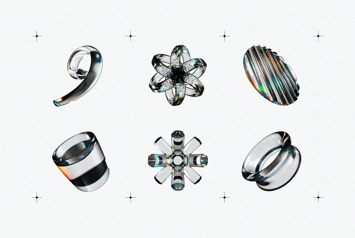 Glass 3D shapes with chrome reflections, prism light effects on light background