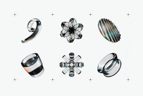 Glass 3D shapes with chrome reflections, prism light effects on light background