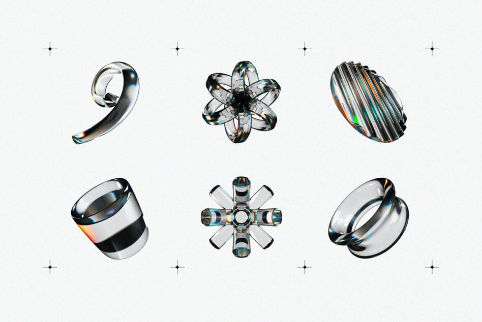 Glass 3D shapes with chrome reflections, prism light effects on light background