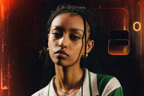Woman with braids in green striped shirt against glowing neon orange dark background with tech elements
