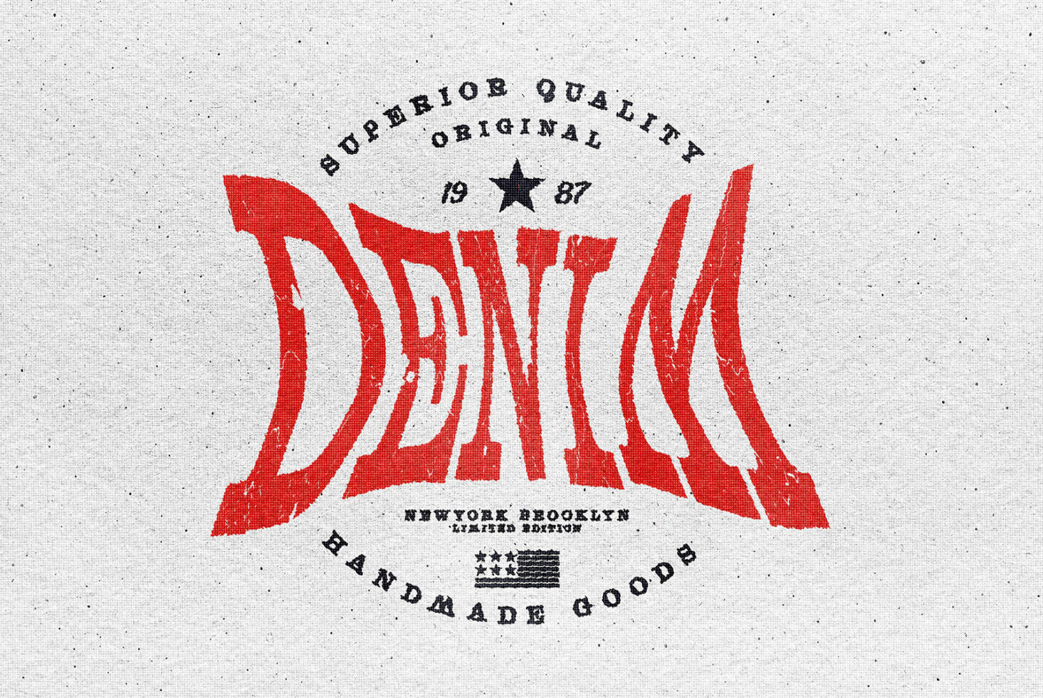 Vintage denim graphic with bold red wavy letters, black star, circular text layout on cream textured background