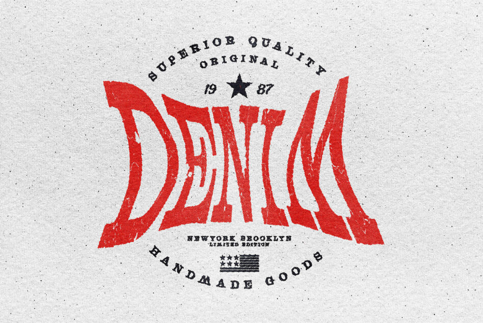 Vintage denim graphic with bold red wavy letters, black star, circular text layout on cream textured background
