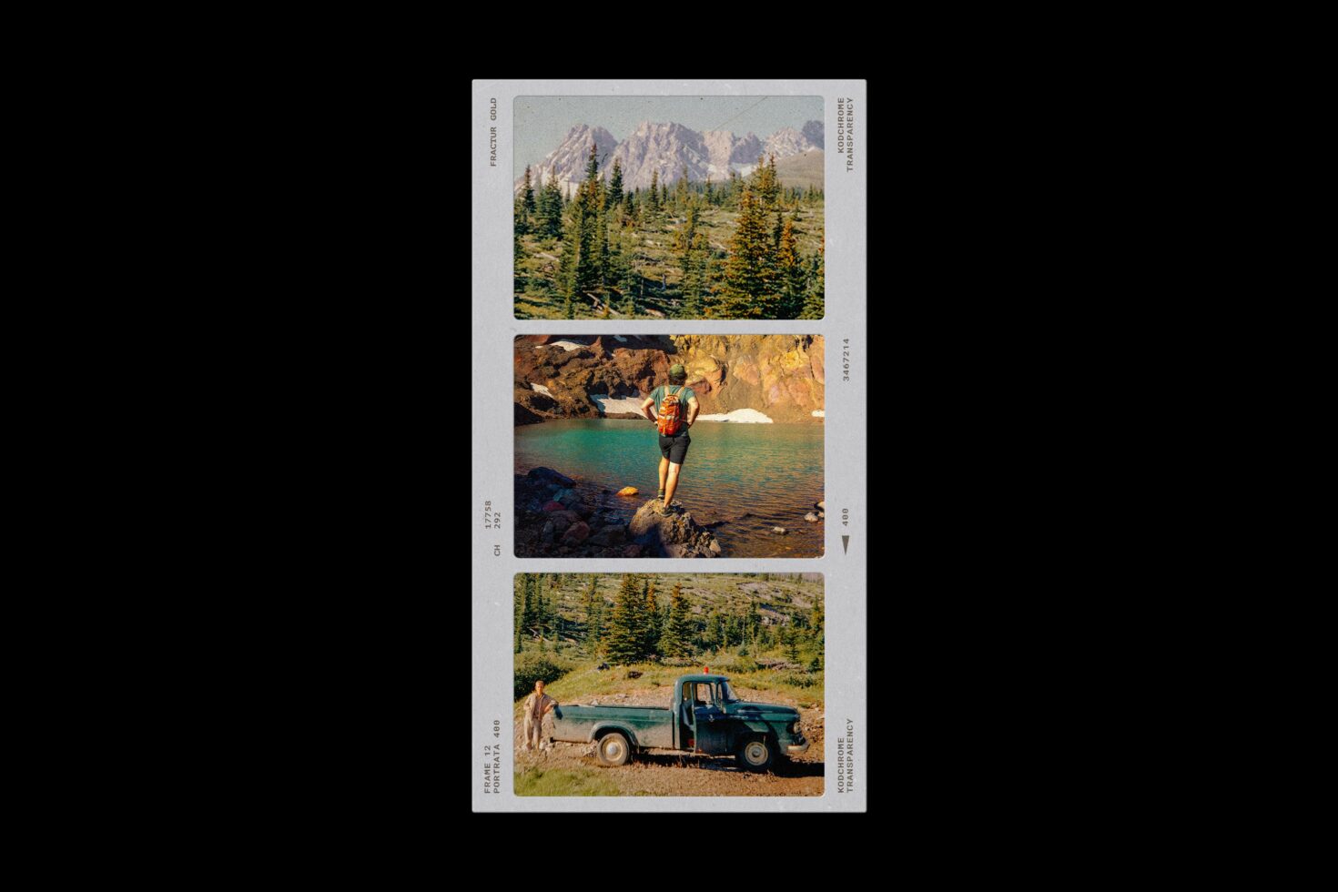 Film strip mockup with three outdoor adventure photos: mountains with forest, hiker by alpine lake, vintage truck in meadow