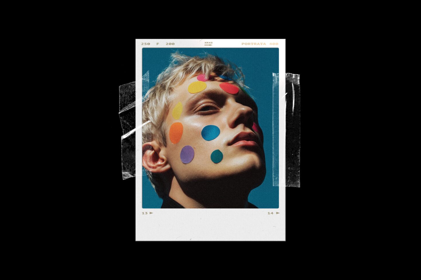Retro film frame with portrait, colorful dots on face, teal background, mockup