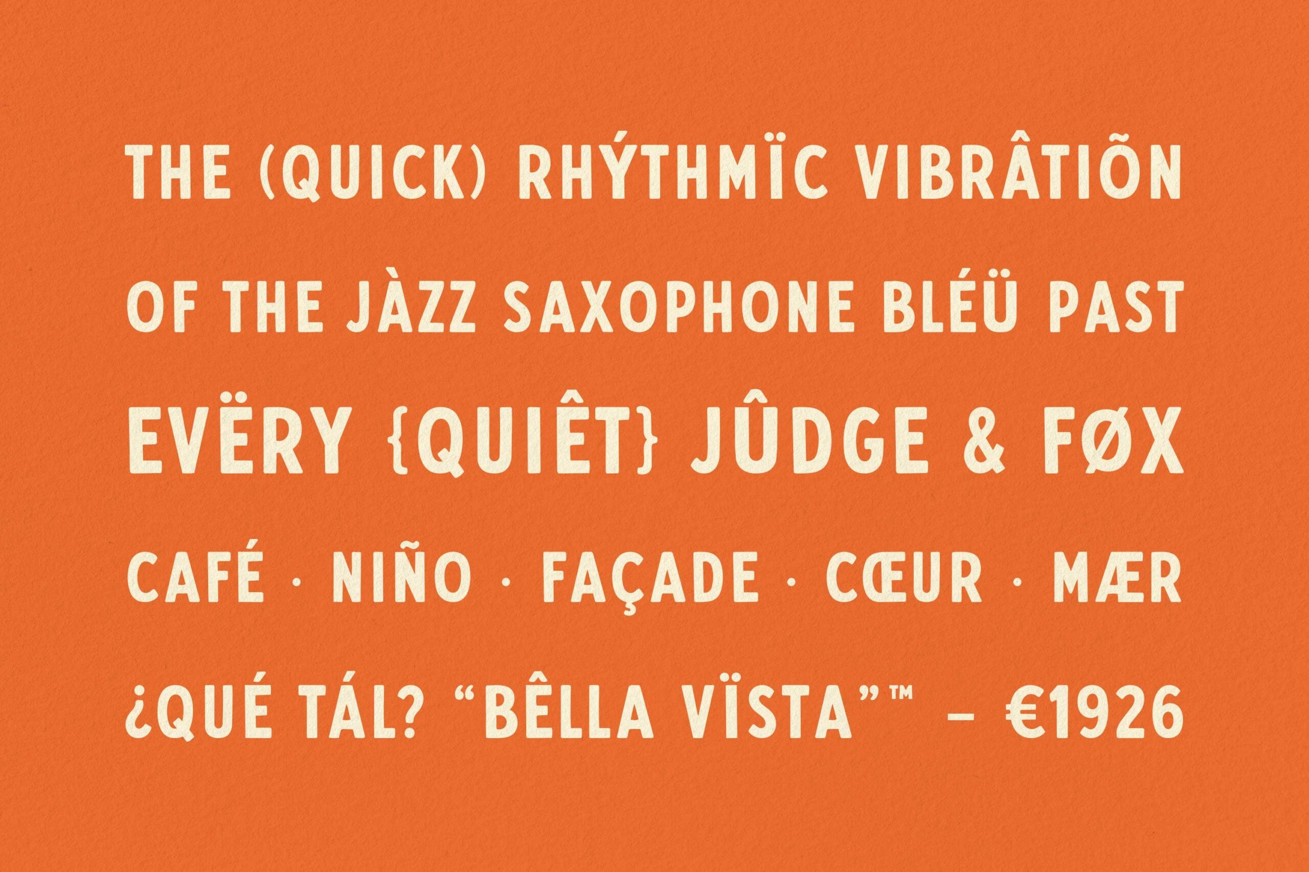 Bella Vista font in white caps on bright orange background with multilingual text samples