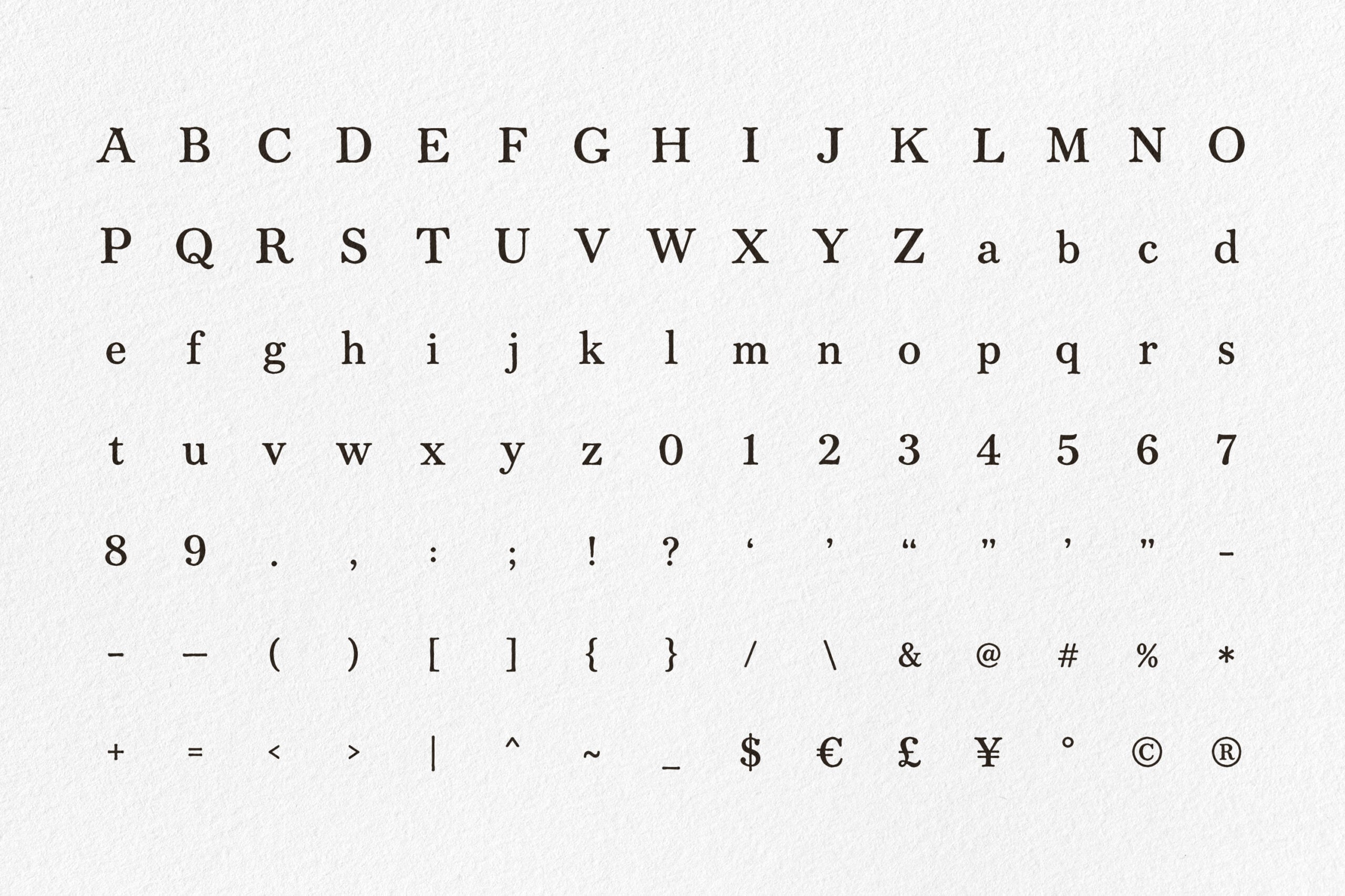 Serif typeface showing complete character set with uppercase, lowercase, numbers, punctuation, symbols on textured background