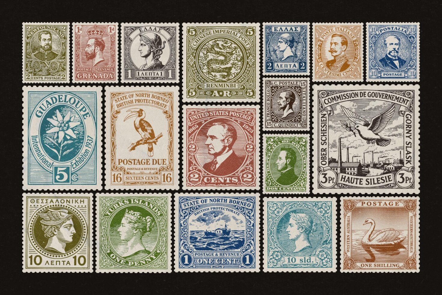 Vintage stamp collection mockup showing rare international postage from different countries arranged in grid layout