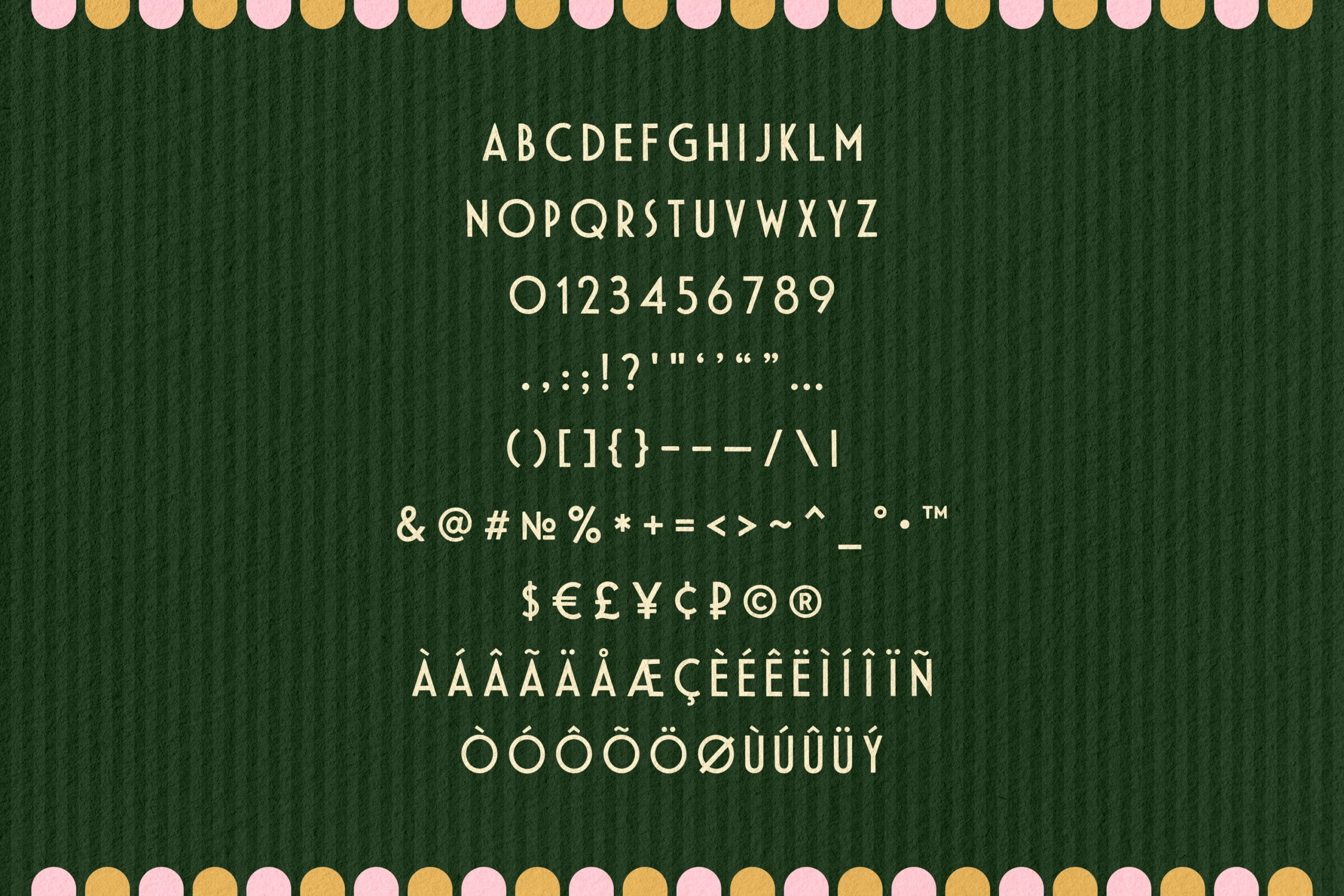 Cream typeface specimen on textured forest green background with pastel pink gold scalloped border detailing