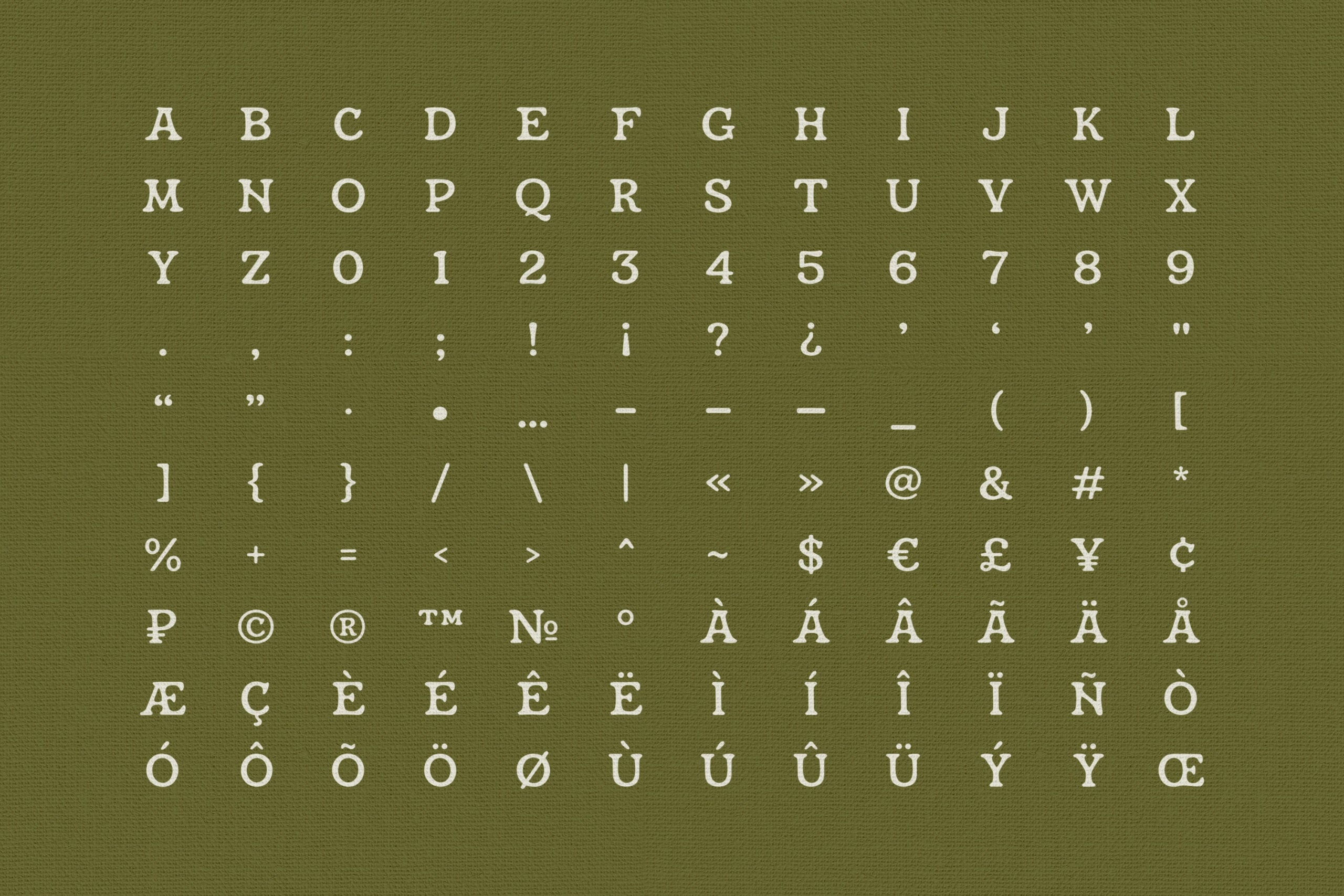 Serif font character set on olive green background with full alphabet, numbers, punctuation, symbols, plus accented letters