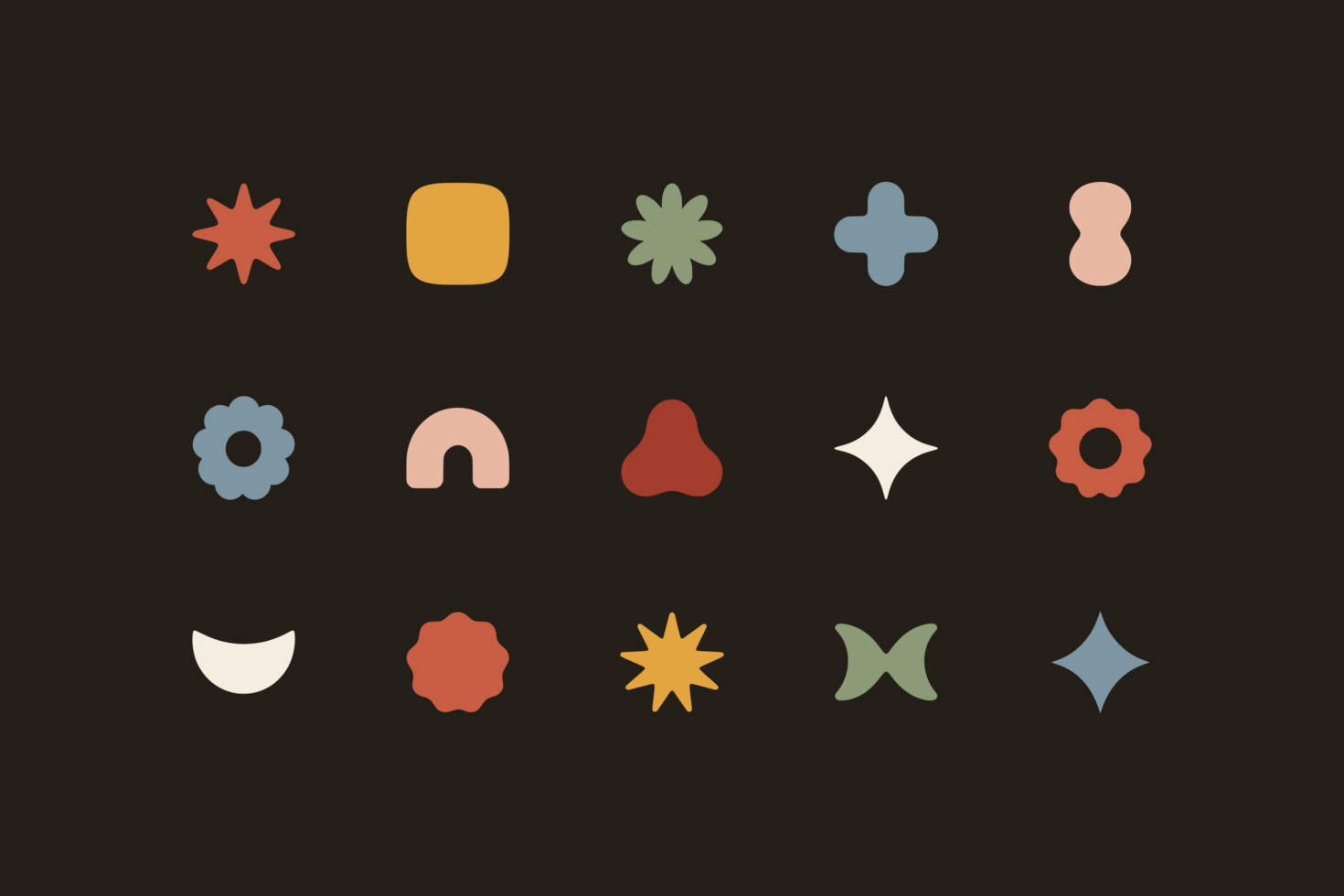 Collection of 15 geometric shape icons in warm earth tones on dark background