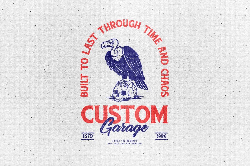 Vintage garage badge with eagle perched on skull, red circle text, navy details, established 1996