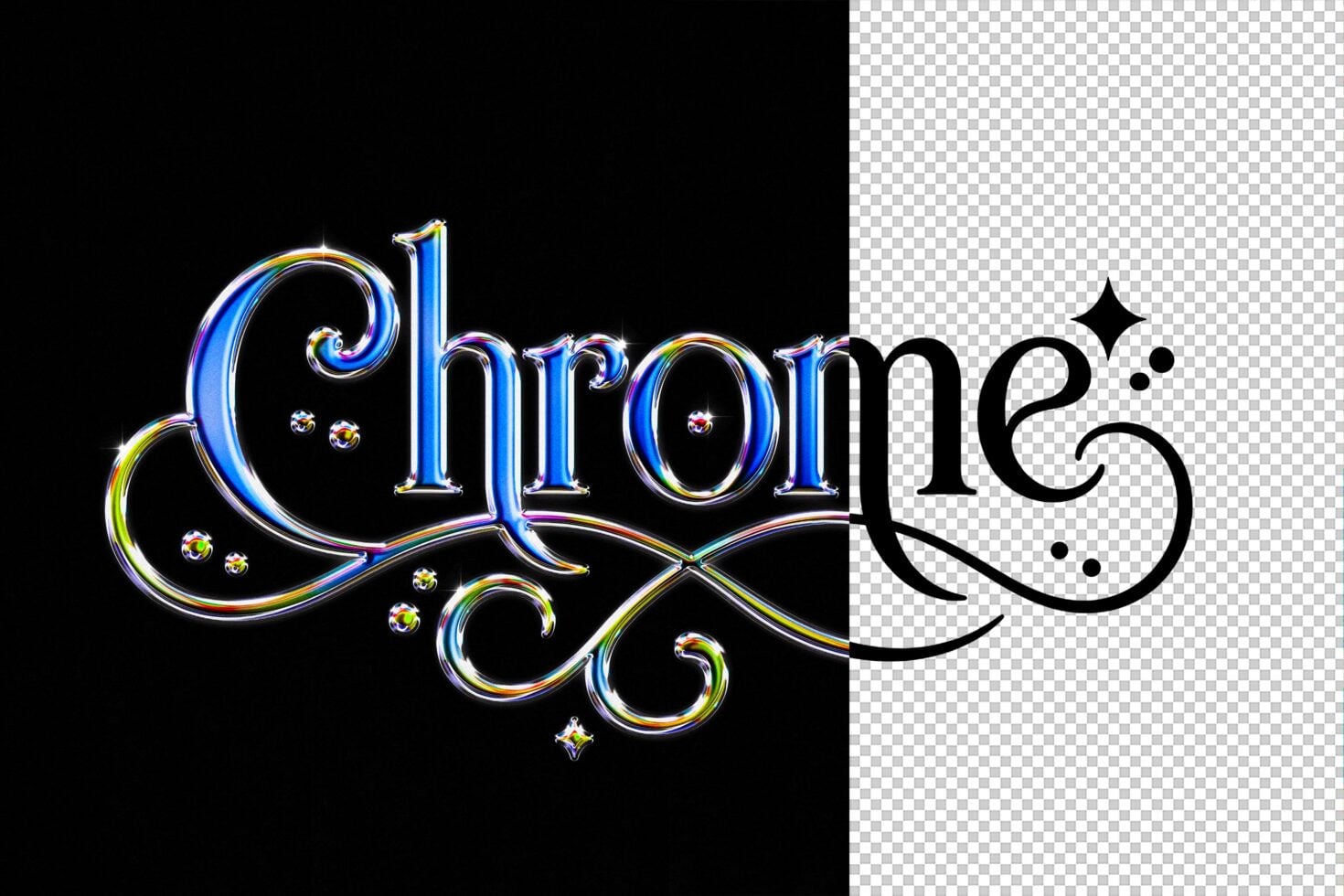 Iridescent chrome text spelling "Chrome" with ornate swirls plus sparkles on transparent background