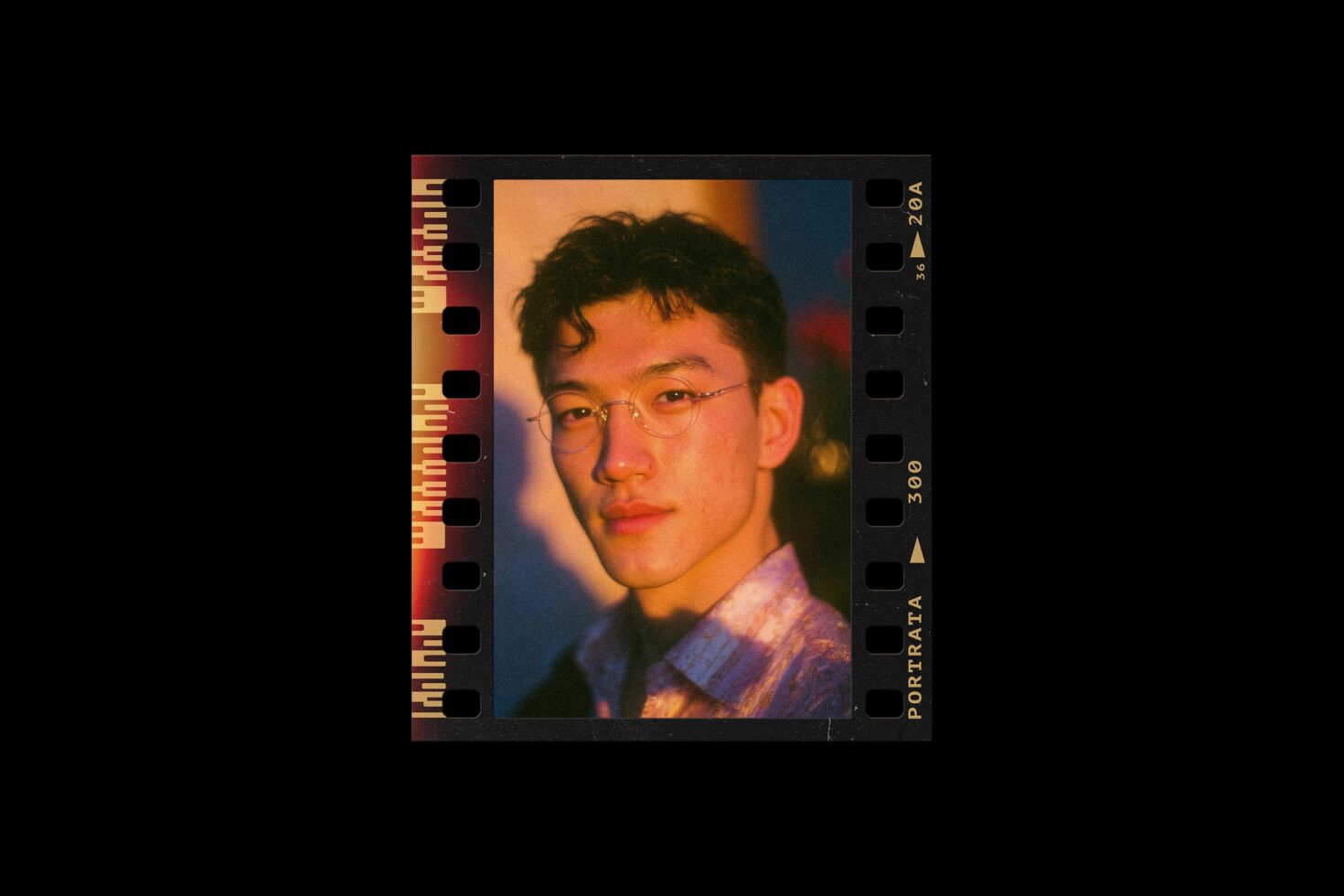 Film strip portrait mockup with warm colored gels on face, wearing glasses