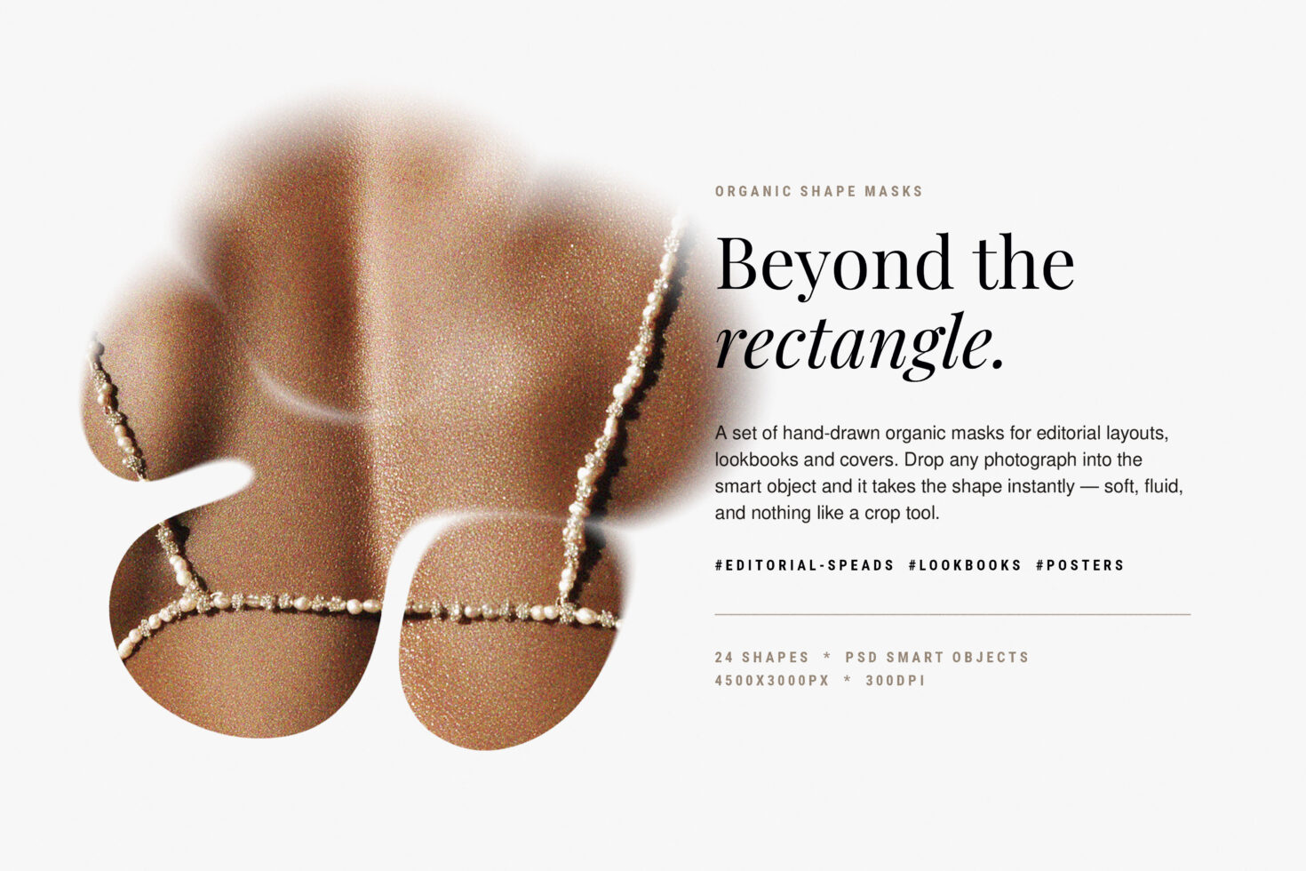 Hand-drawn organic shape masks with pearl details for editorial layouts