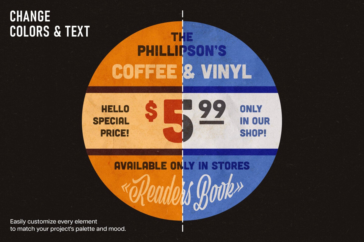 Retro split-circle vinyl record shop mockup with orange plus blue color scheme, fully editable