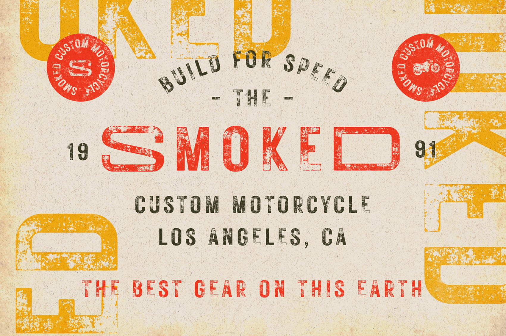 Vintage motorcycle shop poster with distressed red, gold, yellow text on cream background, custom bike branding