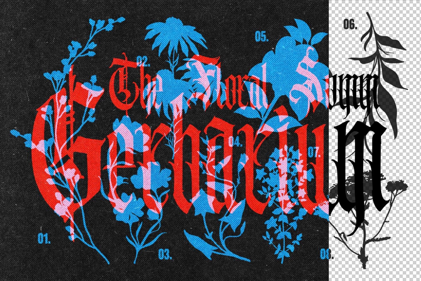 Bold red typography layered with blue, pink botanical elements on dark texture, plus black silhouette plant graphics on transparent background
