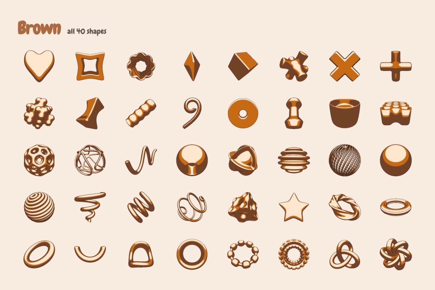 Brown 3D shapes pack with 40 geometric objects, spheres, donuts, stars, ribbons