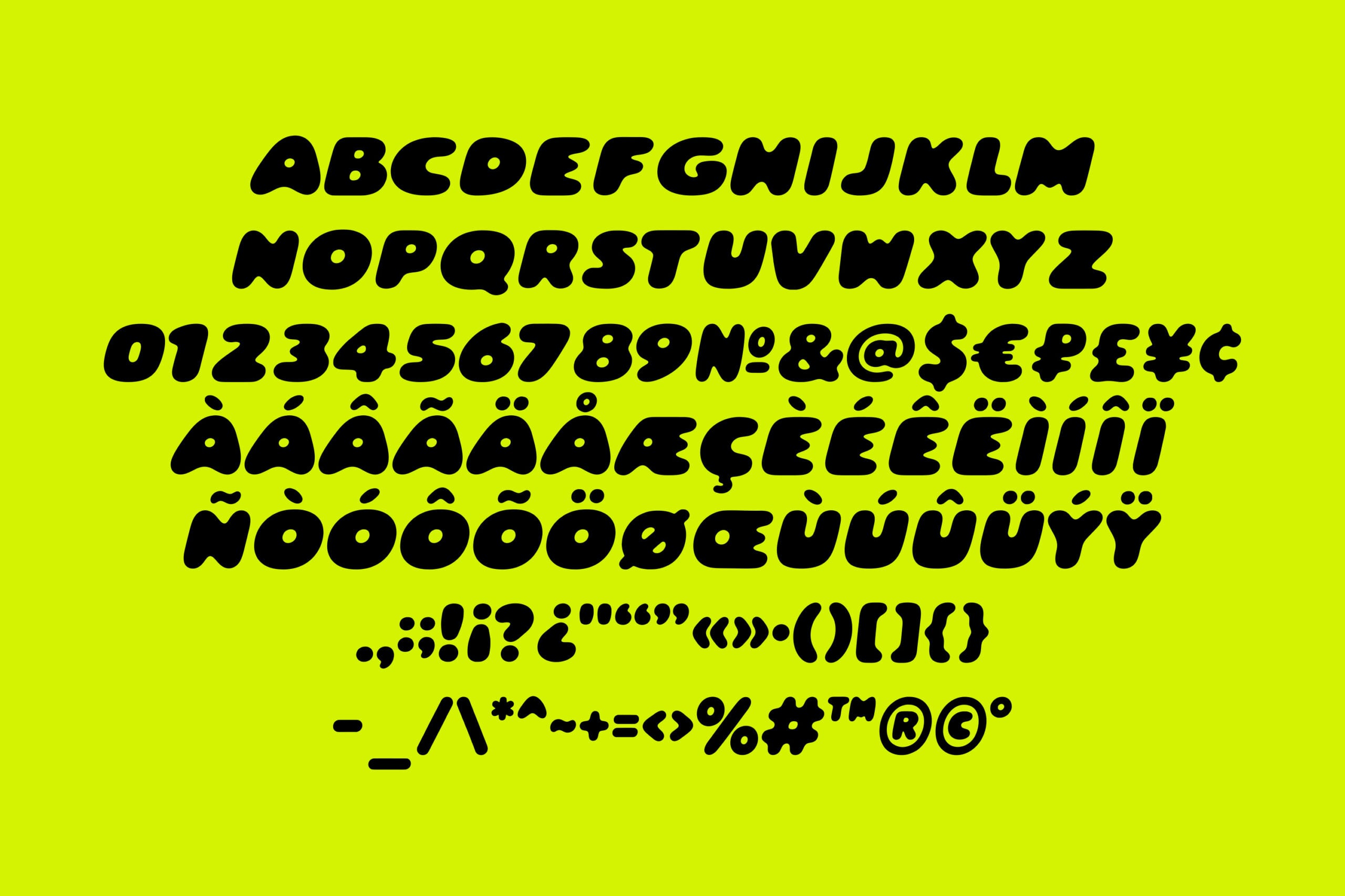 Bold black italic font with full character set on neon yellow background