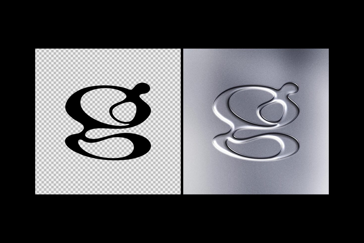 Neon 3D logo mockup showing black silhouette on transparent background plus chrome version on gray surface