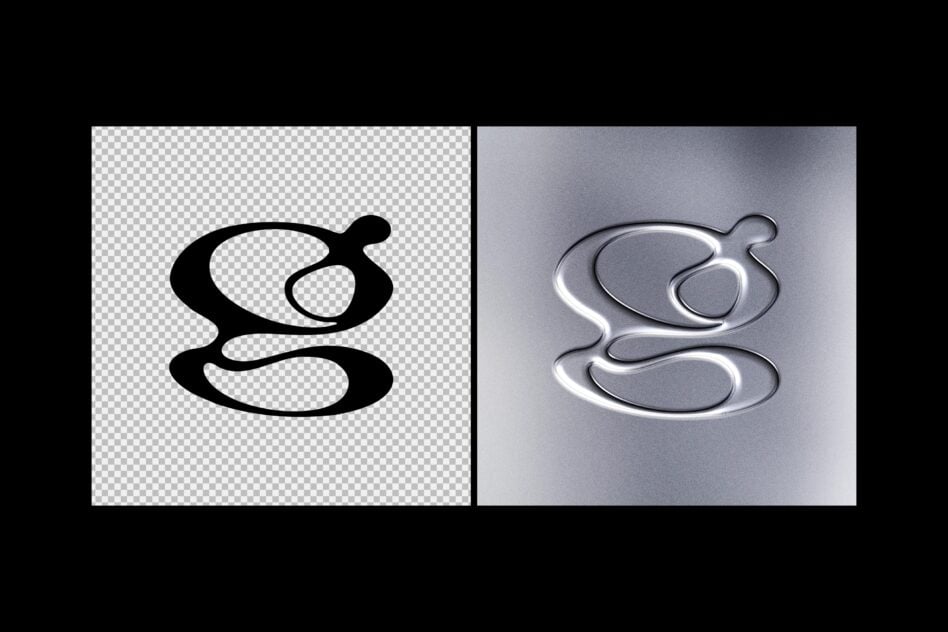 Neon 3D logo mockup showing black silhouette on transparent background plus chrome version on gray surface