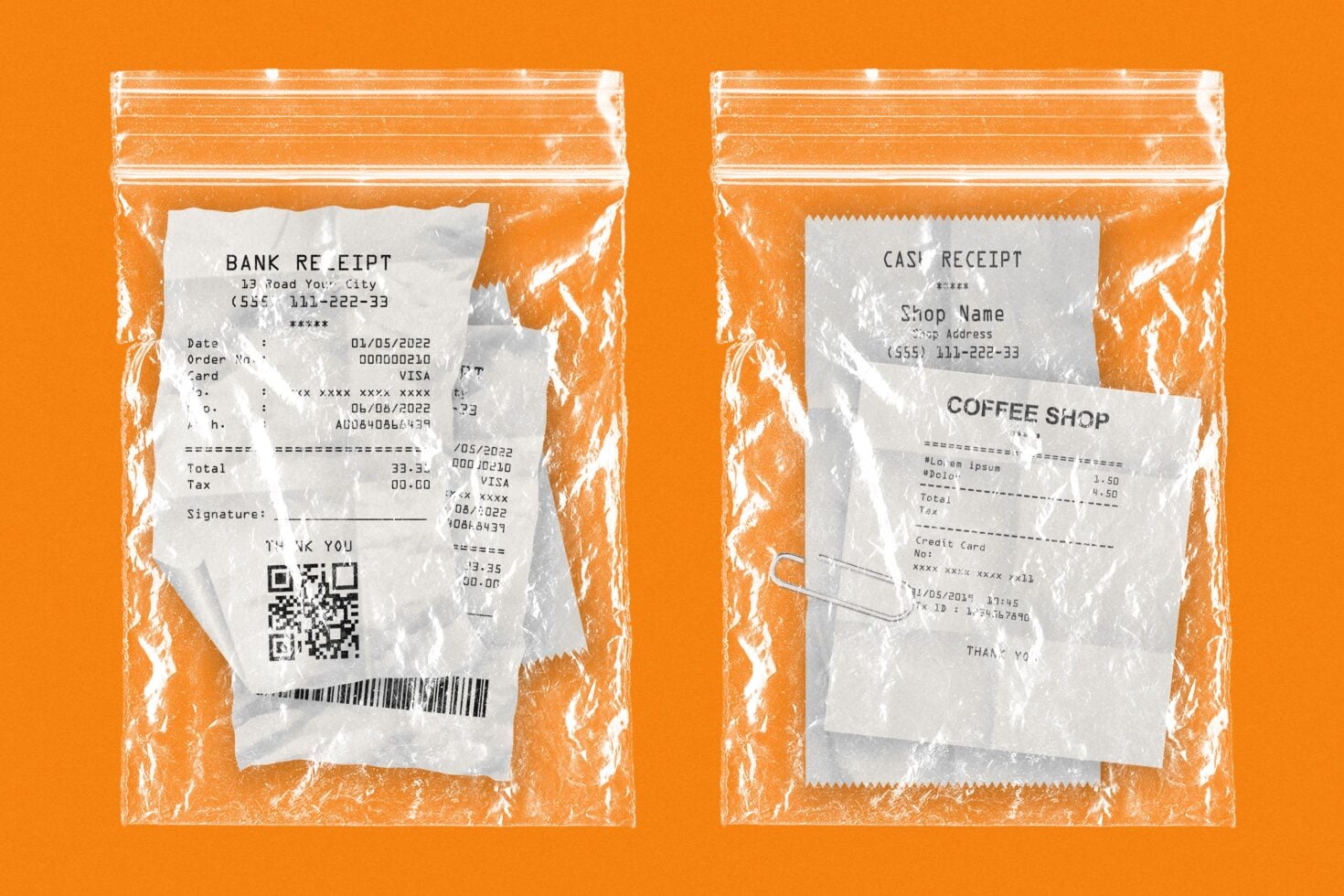Crumpled receipts in ziplock bags on bright orange background, two variations