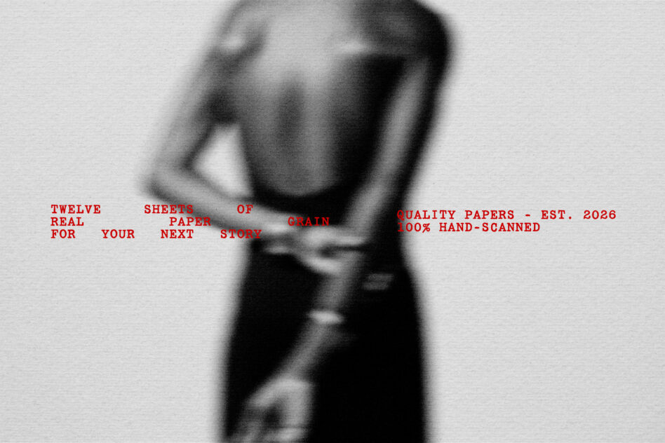 Blurred black-and-white photo of person holding papers with red typewriter text overlay about quality grain stock