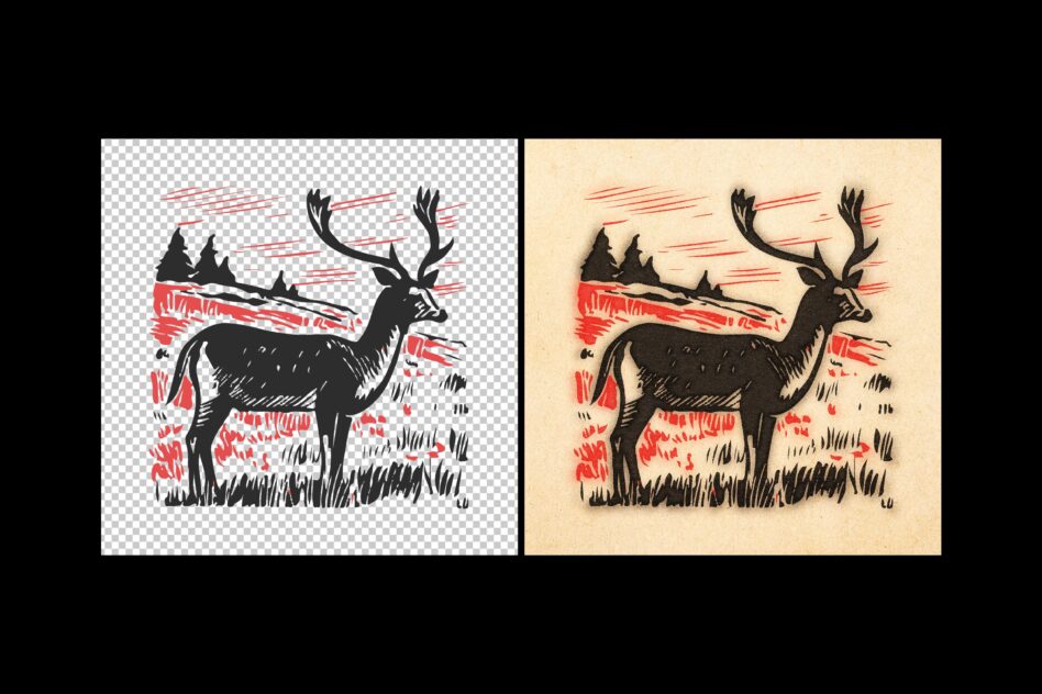 Hand drawn deer illustration with red accents, shown on transparent plus cream background