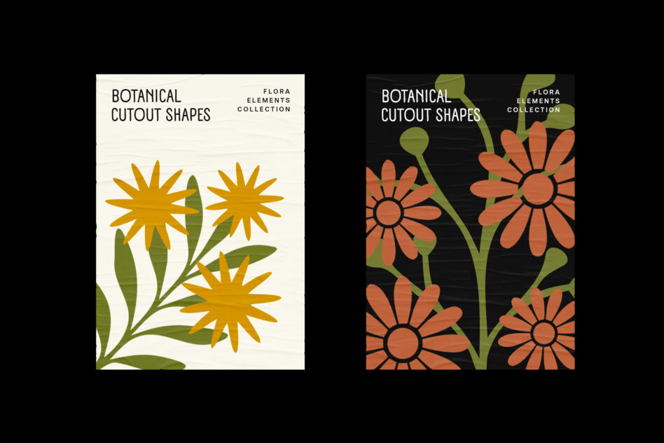 Botanical Cutout Shapes Flora Elements Collection with yellow or coral flowers on stems