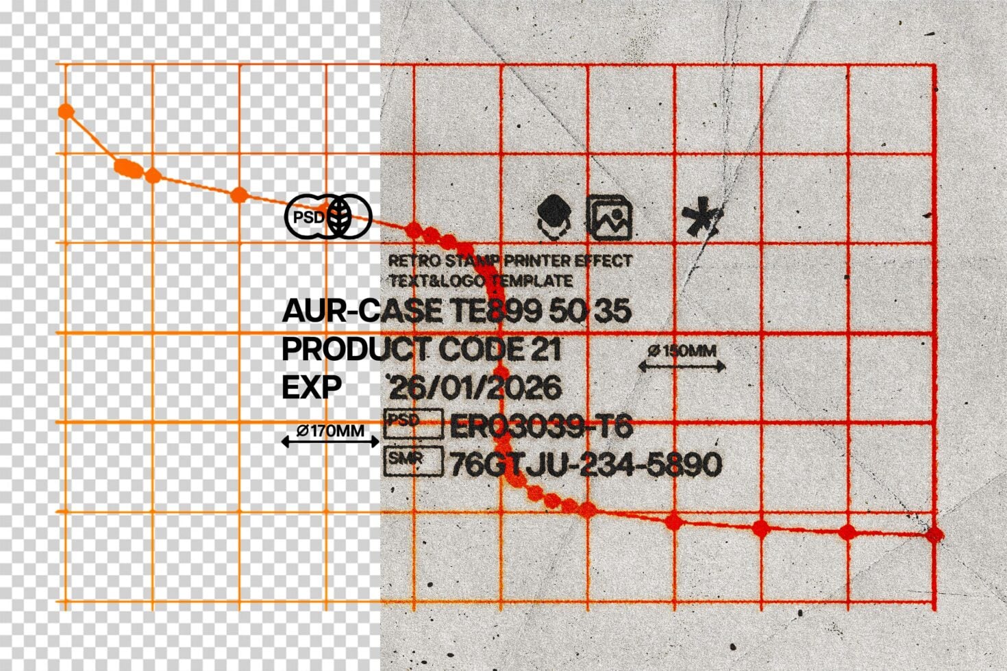 Retro stamp printer effect template with orange grid overlay on concrete texture background