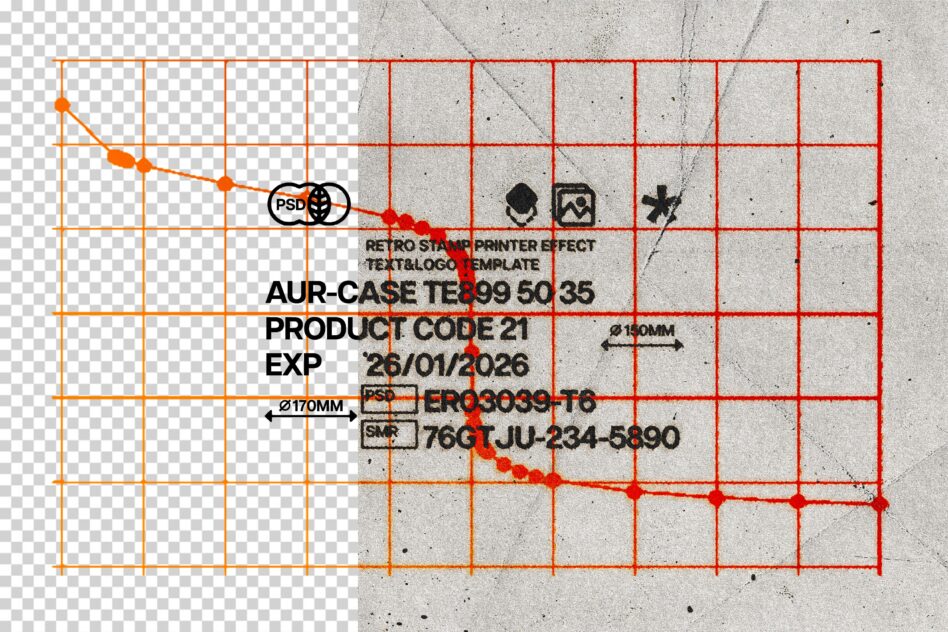 Retro stamp printer effect template with orange grid overlay on concrete texture background