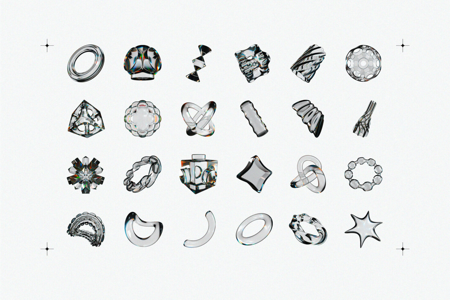 24 metallic 3D shapes with chrome, glass, oil slick finishes on white background