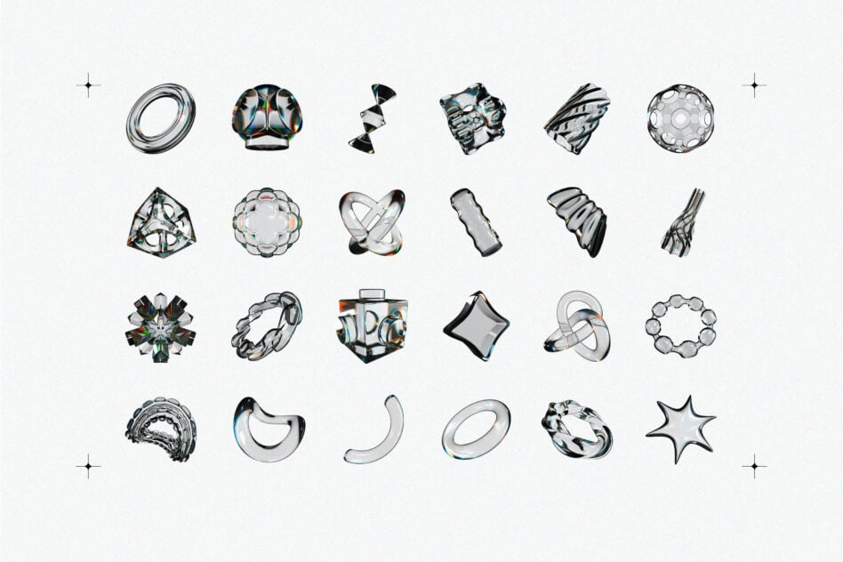 24 metallic 3D shapes with chrome, glass, oil slick finishes on white background