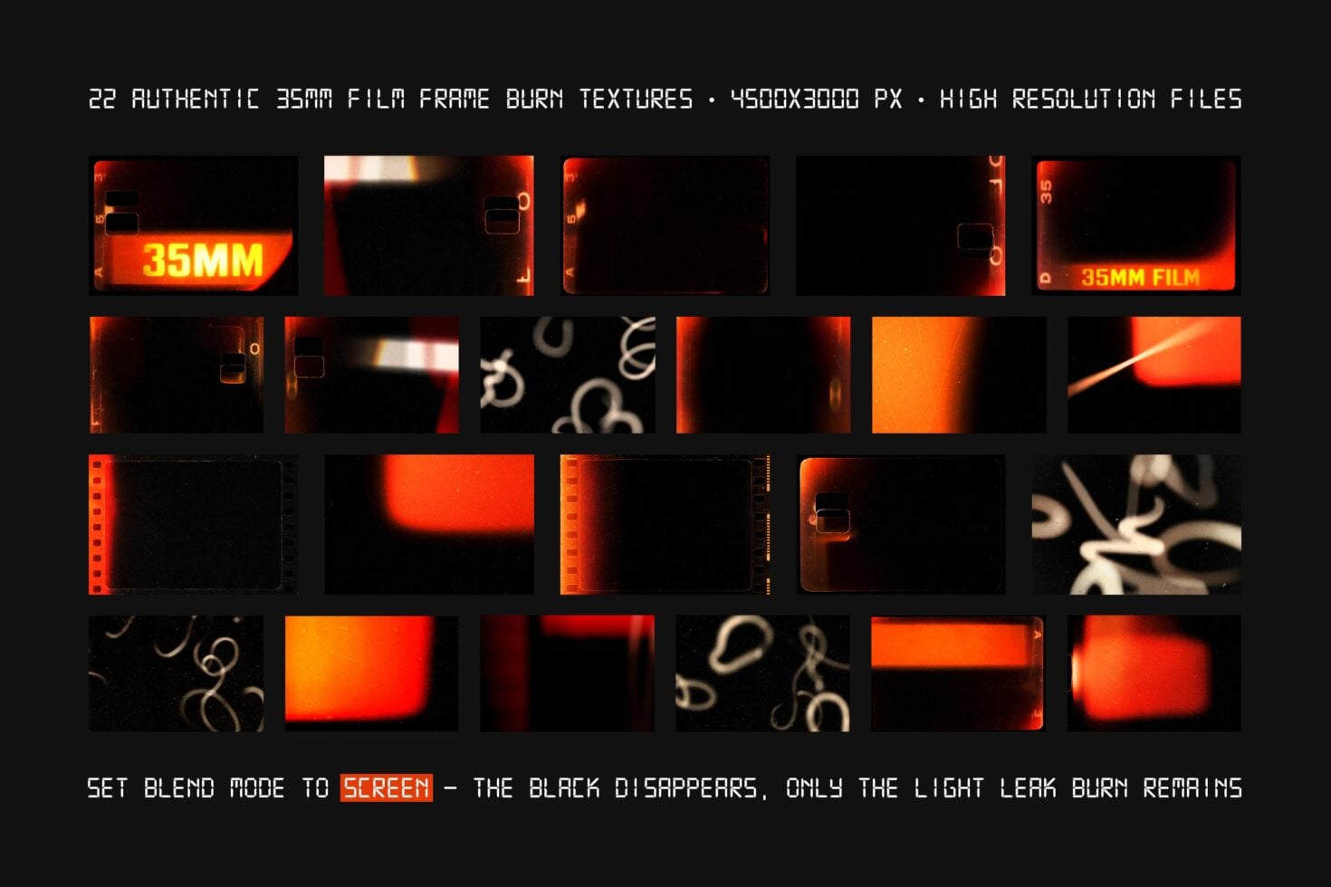 22 authentic 35mm film frame burn textures with glowing orange light leaks