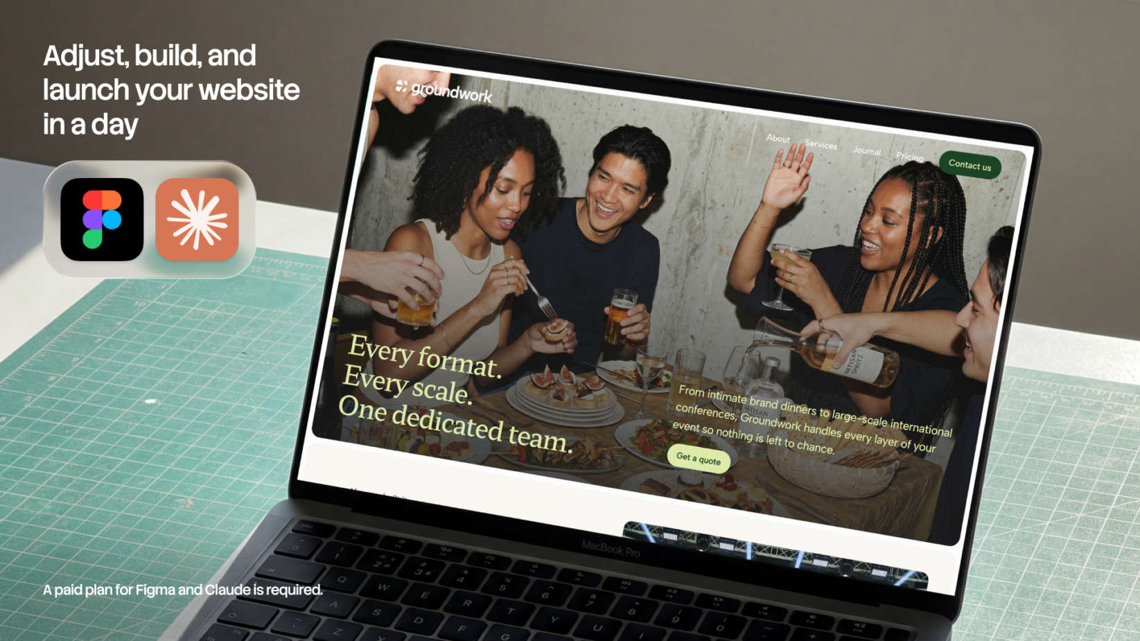 Laptop displaying Groundwork website mockup with event photos, Figma plus Claude icons visible on left side