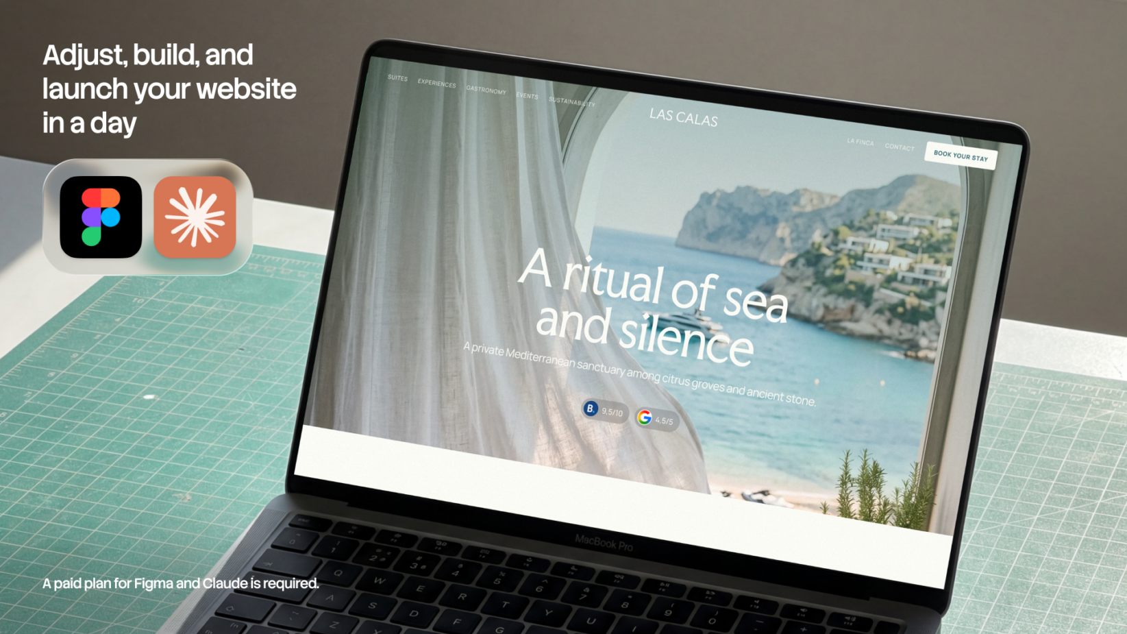 Laptop displaying luxury hotel website mockup with Mediterranean coastal imagery plus Figma plugin icons