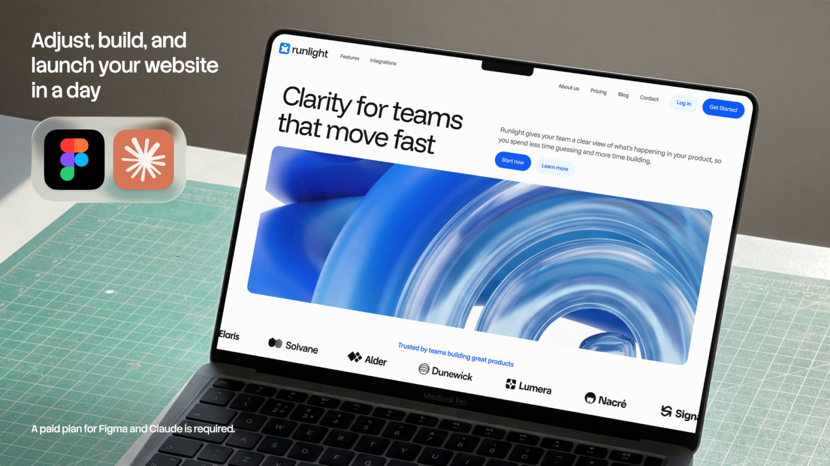 Laptop showing Runlight website mockup with Figma, Claude icons on cutting mat