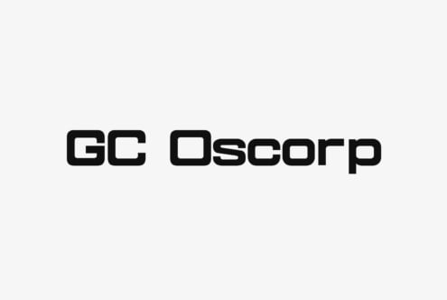 GC Oscorp logo in bold black geometric typeface on light gray background