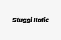 Bold black italic typeface on light gray background, chunky letterforms with playful character