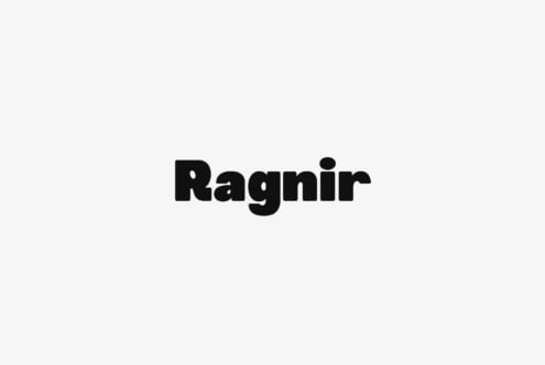 Ragnir typeface displayed in bold black letters on light gray background