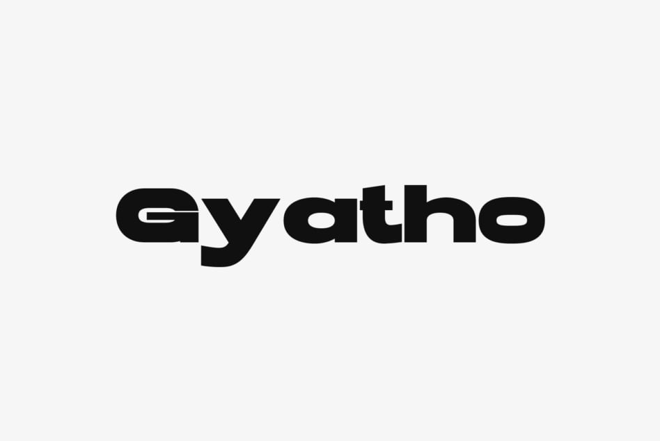 Gyatho bold sans serif typeface with geometric letterforms on light gray background